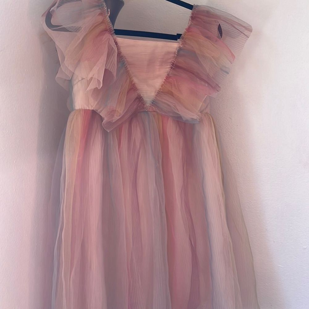 rainbow tulle flutter sleeved H & M dress with a deep open back